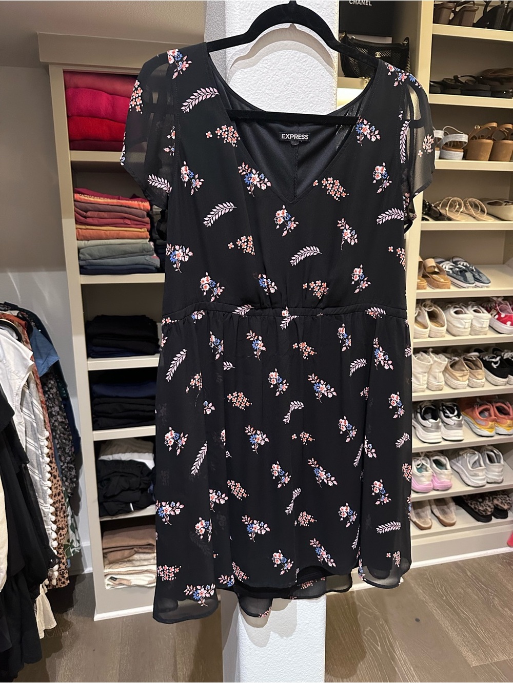 Express Black Mini Dress with Pink & Blue Floral Print